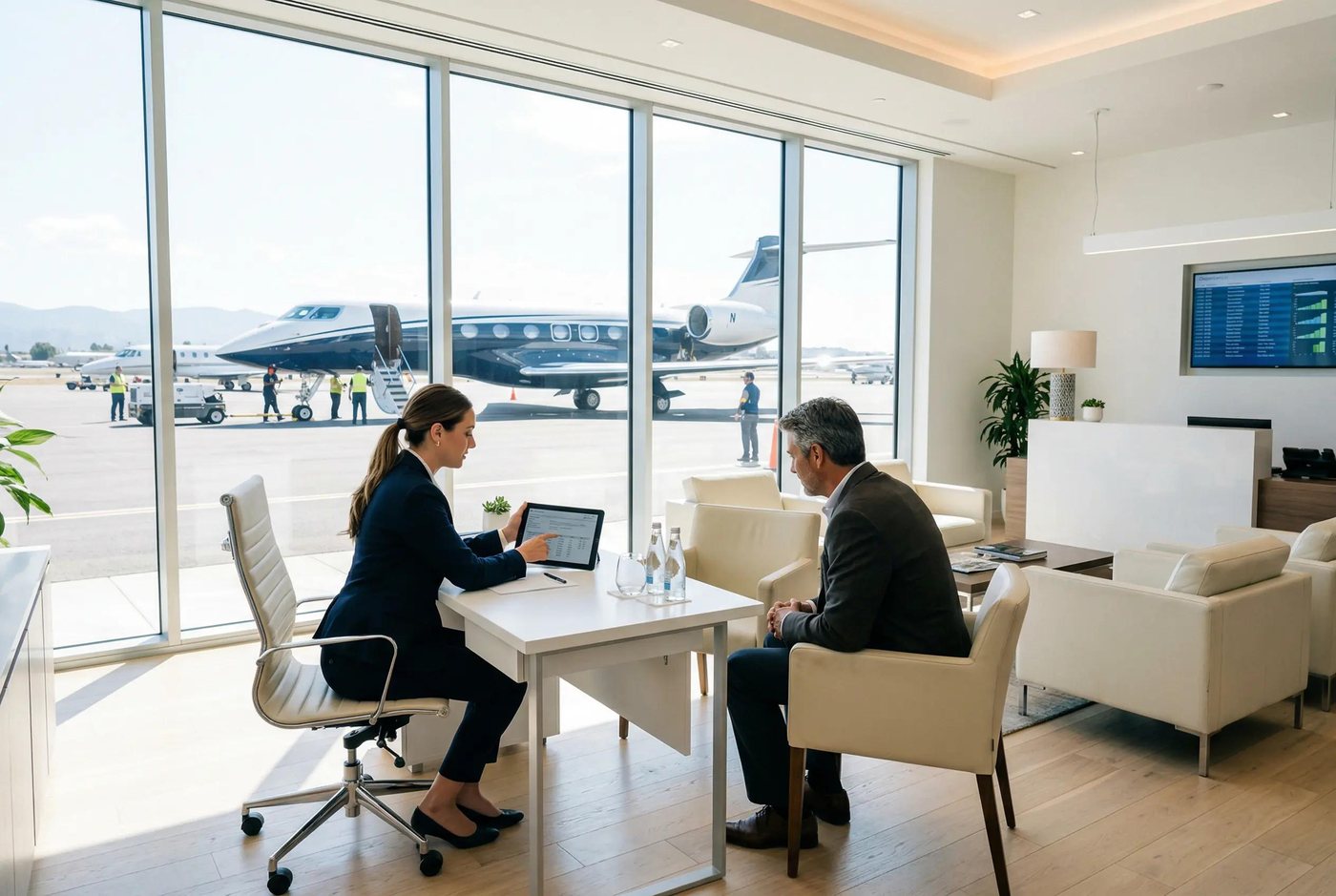 Private business lounge with a view of a jet, an executive and a Bionic Stratom representative in conversation